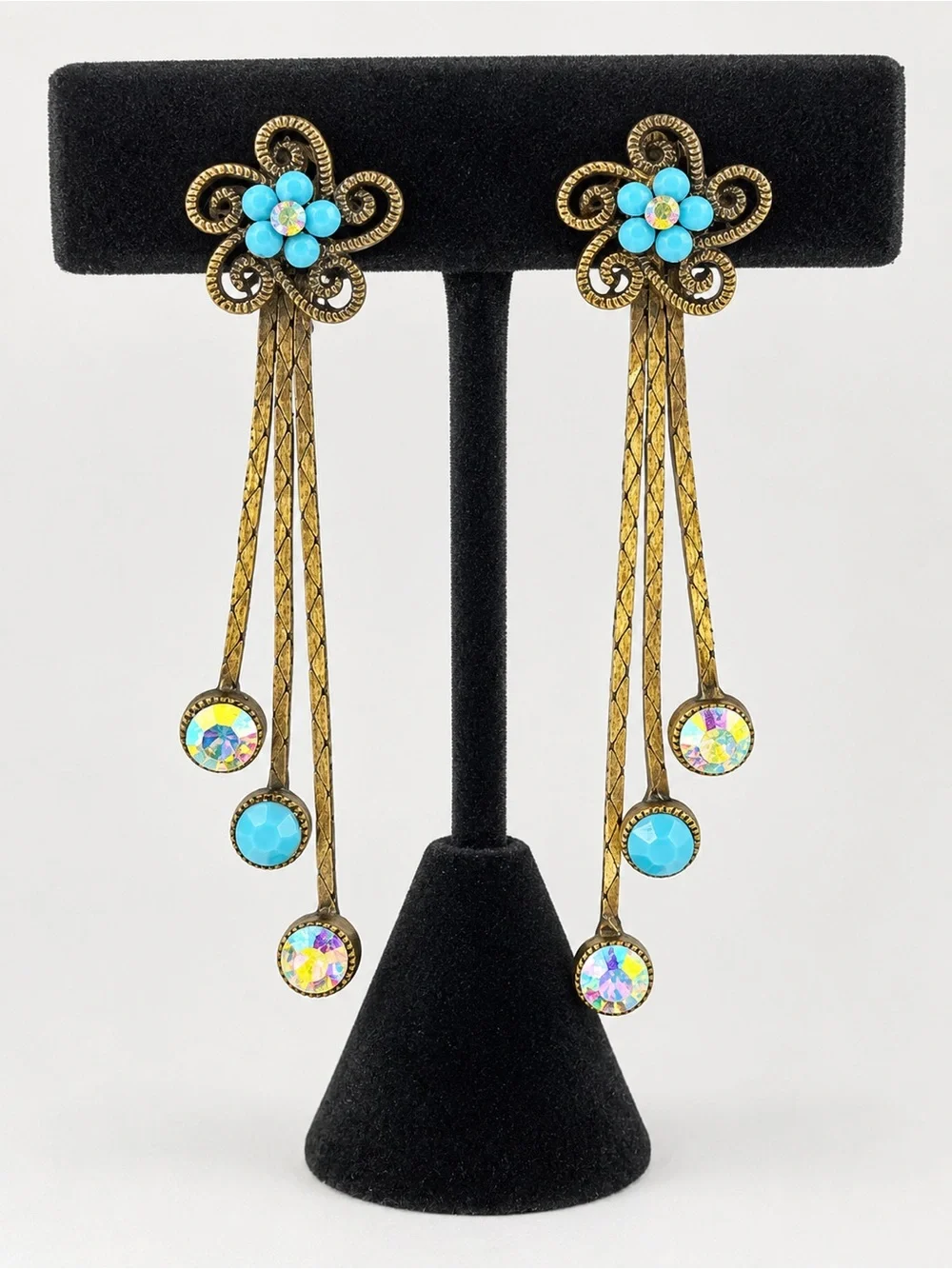 Turquoise Crystal Flower Drop Earrings - Vintage Brass